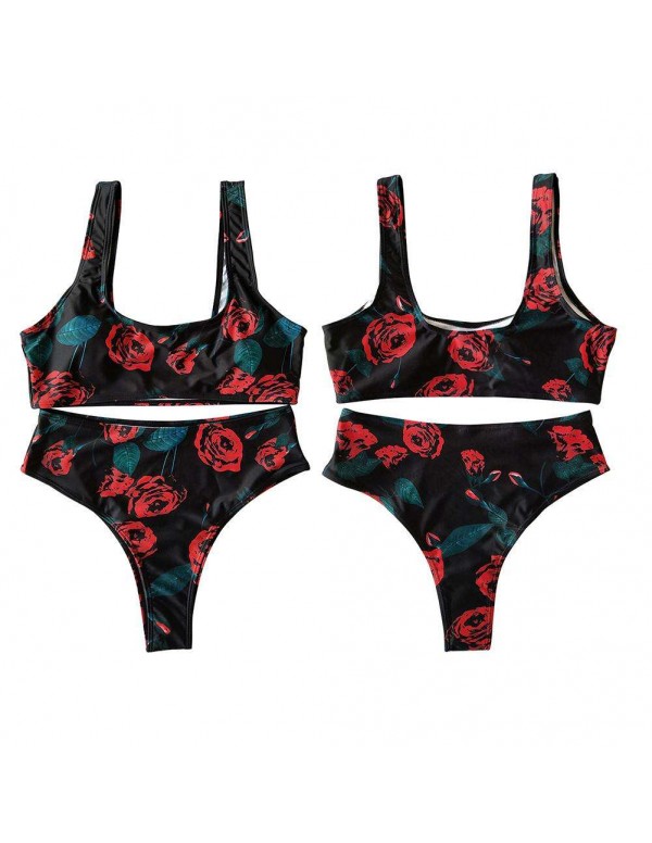 Sexy Rose Print Beach Split Swimsuit Tank Tops Swimwear(S)