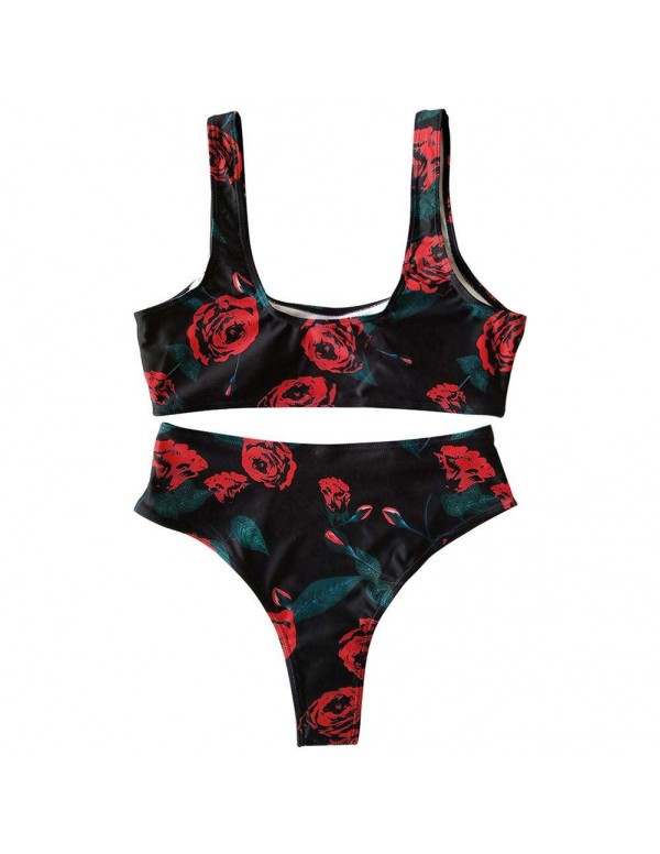 Sexy Rose Print Beach Split Swimsuit Tank Tops Swimwear(S)