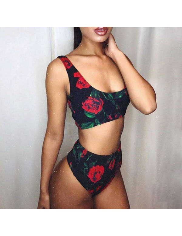 Sexy Rose Print Beach Split Swimsuit Tank Tops Swimwear(S)