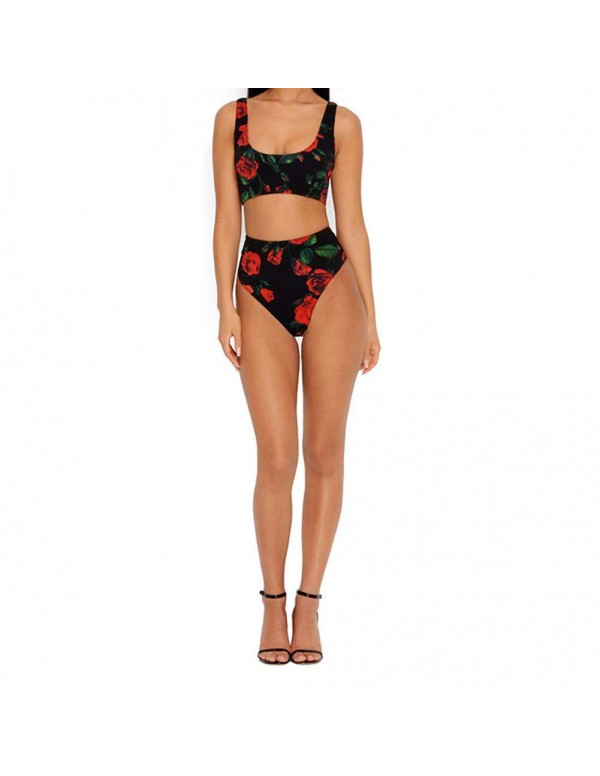 Sexy Rose Print Beach Split Swimsuit Tank Tops Swimwear(S)