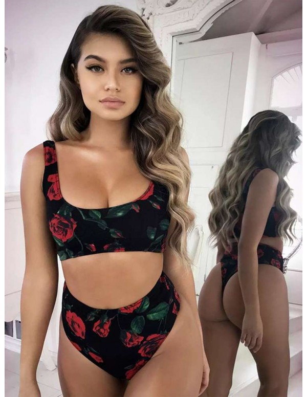 Sexy Rose Print Beach Split Swimsuit Tank Tops Swimwear(S)