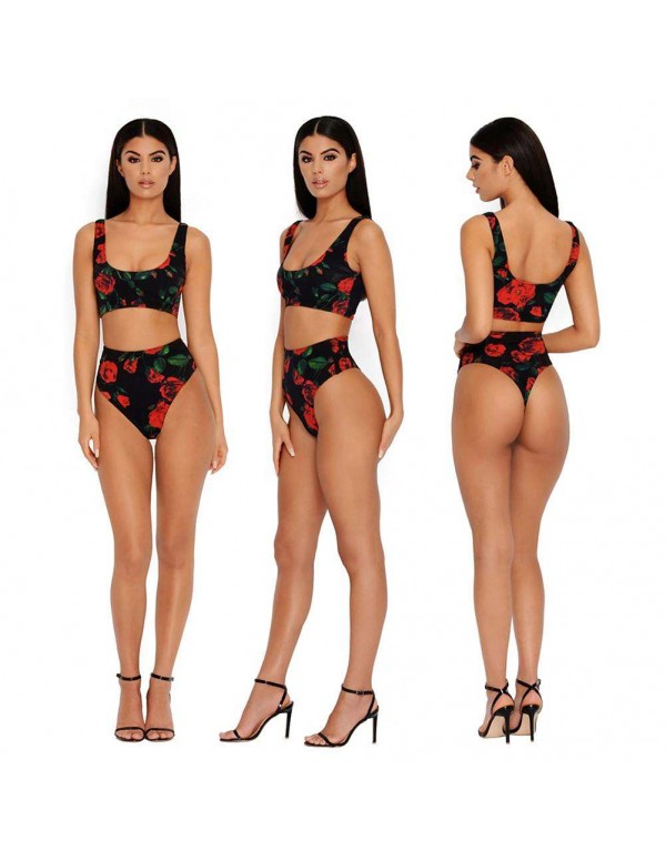 Sexy Rose Print Beach Split Swimsuit Tank Tops Swimwear(S)