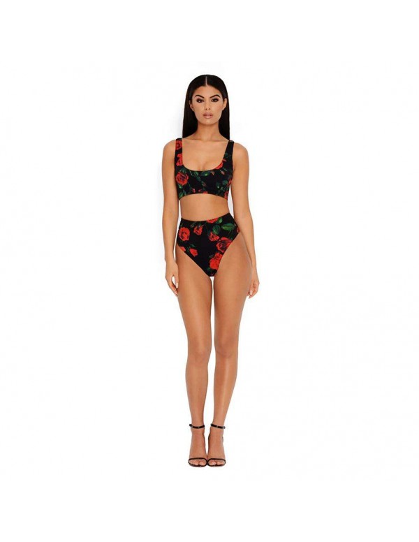 Sexy Rose Print Beach Split Swimsuit Tank Tops Swimwear(S)