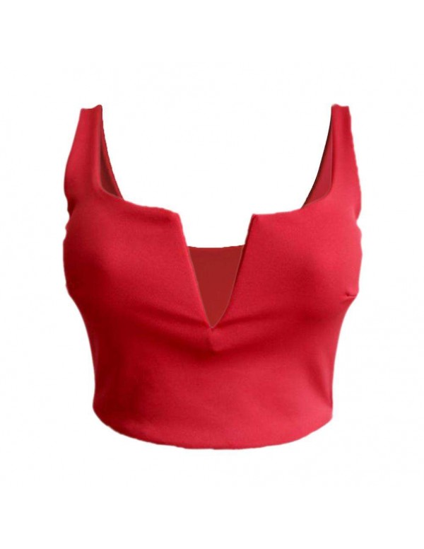 Sexy Deep V Neck Crop Tops Sleeveless New Zipper Tank Top(Red/S)