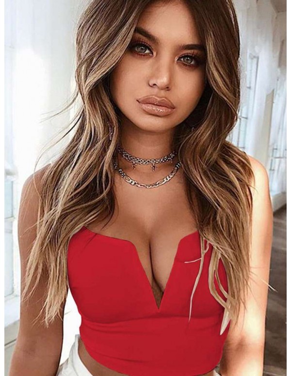 Sexy Deep V Neck Crop Tops Sleeveless New Zipper Tank Top(Red/S)