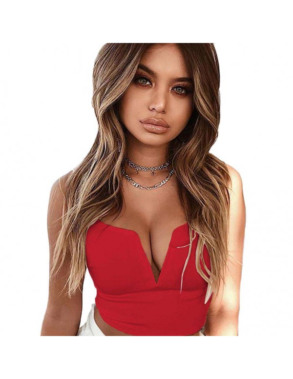 Sexy Deep V Neck Crop Tops Sleeveless New Zipper Tank Top(Red/S)