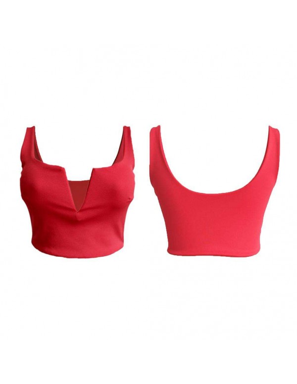 Sexy Deep V Neck Crop Tops Sleeveless New Zipper Tank Top(Red/S)