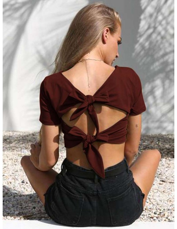 Sexy V Neck New Fit Bowknot Cotton Party Short Sleeve Crop Top/L