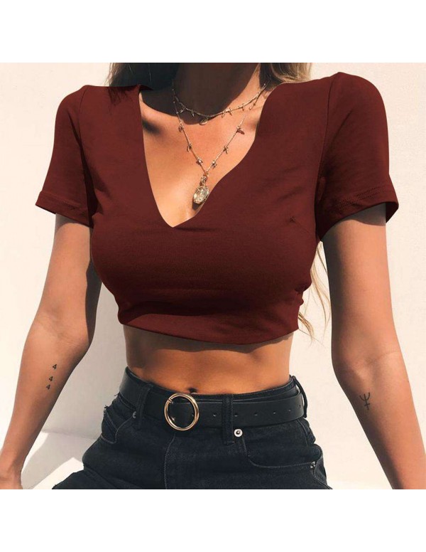 Sexy V Neck New Fit Bowknot Cotton Party Short Sleeve Crop Top/L