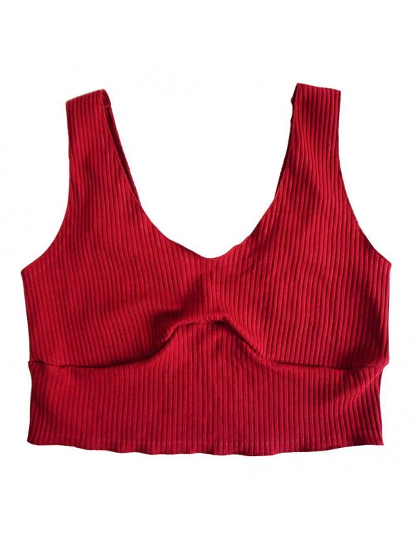 Ribbed Bow Tie Camisole New Girl Pure Crop Tank Top Vest(Red/L)