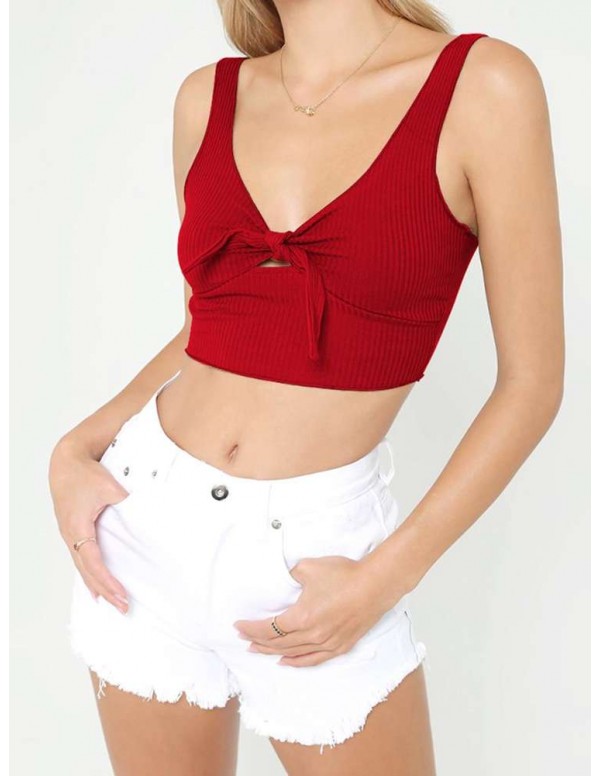 Ribbed Bow Tie Camisole New Girl Pure Crop Tank Top Vest(Red/L)