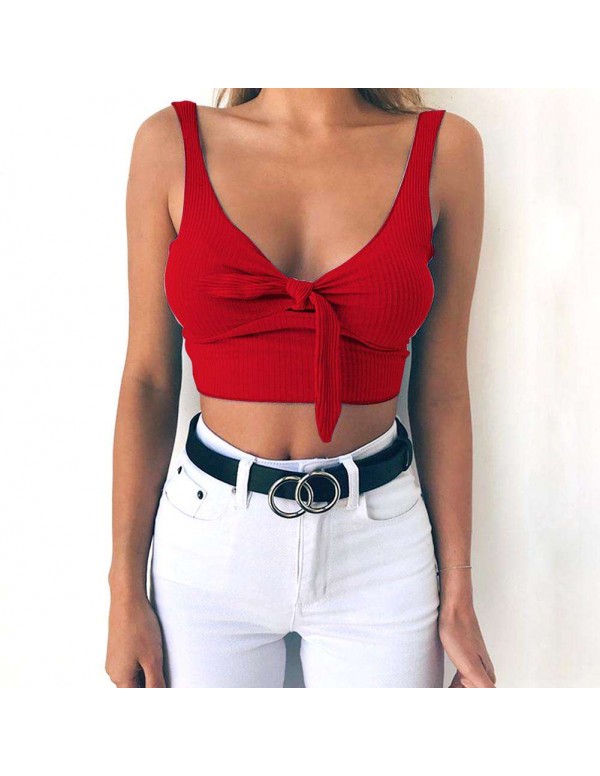 Ribbed Bow Tie Camisole New Girl Pure Crop Tank Top Vest(Red/L)