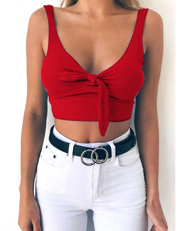 Ribbed Bow Tie Camisole New Girl Pure Crop Tank Top Vest(Red/L)