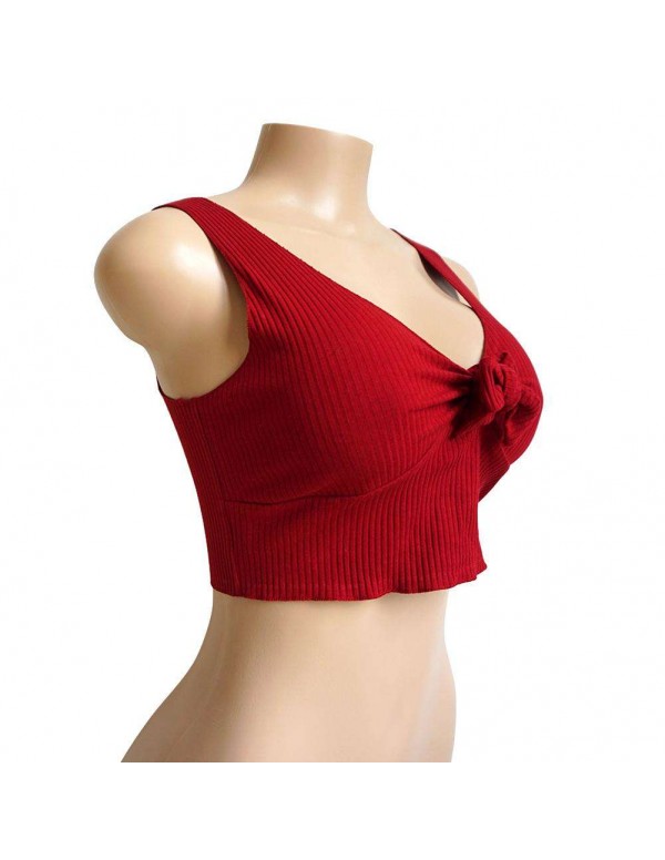 Ribbed Bow Tie Camisole New Girl Pure Crop Tank Top Vest(Red/L)