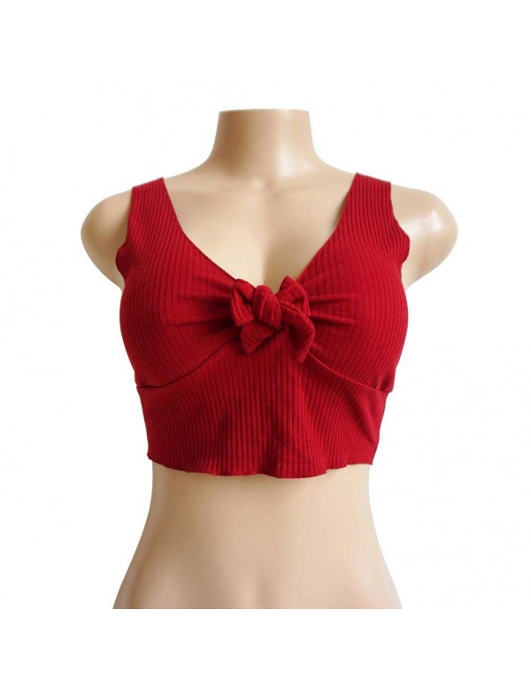 Ribbed Bow Tie Camisole New Girl Pure Crop Tank Top Vest(Red/L)