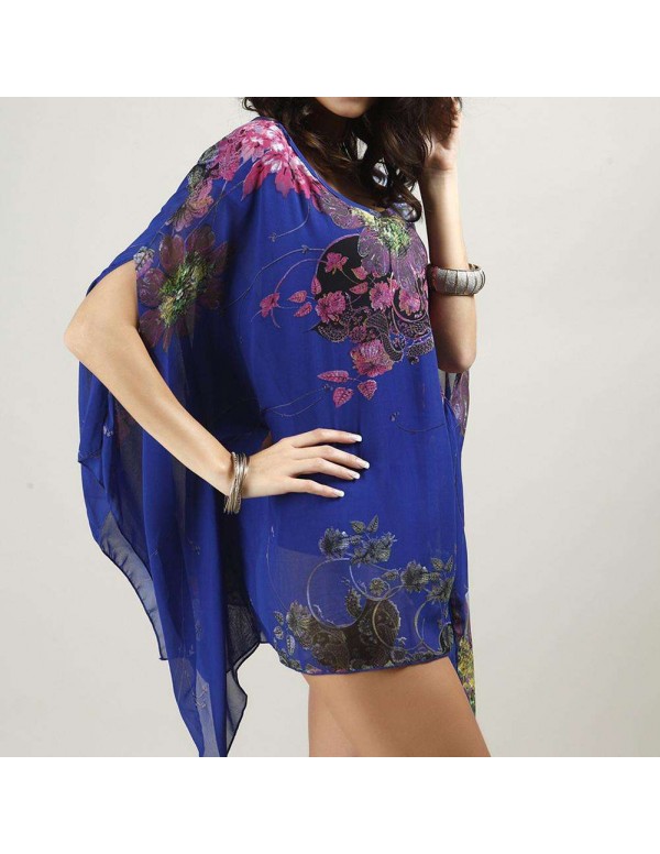 Chiffon Batwing Sleeve Loose Floral Tops Irregular Blouse(Royal Blue)