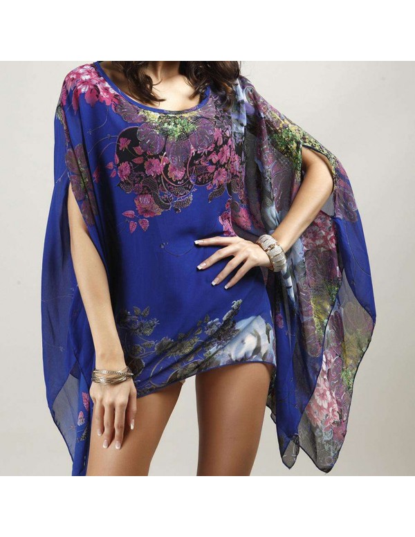 Chiffon Batwing Sleeve Loose Floral Tops Irregular Blouse(Royal Blue)