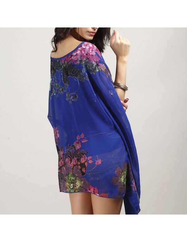 Chiffon Batwing Sleeve Loose Floral Tops Irregular Blouse(Royal Blue)