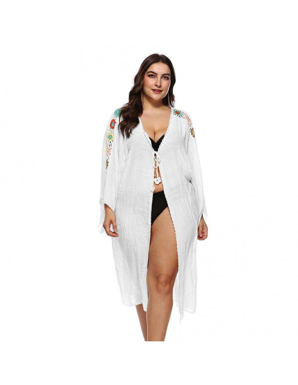 Crochet Beach Long Sleeve Swimwear Bikini Cover Ups Plus Size/White