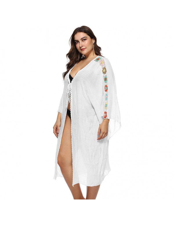 Crochet Beach Long Sleeve Swimwear Bikini Cover Ups Plus Size/White