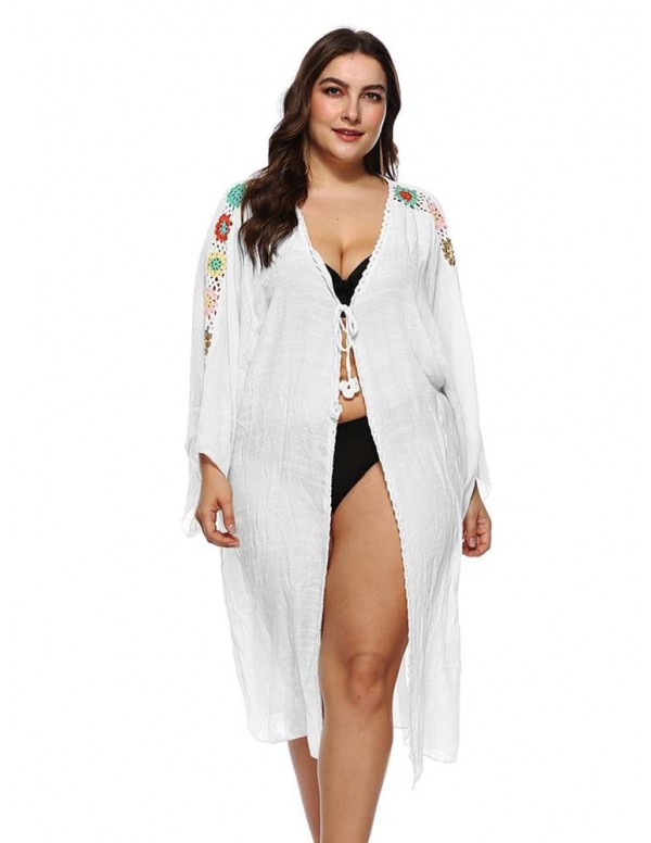 Crochet Beach Long Sleeve Swimwear Bikini Cover Ups Plus Size/White