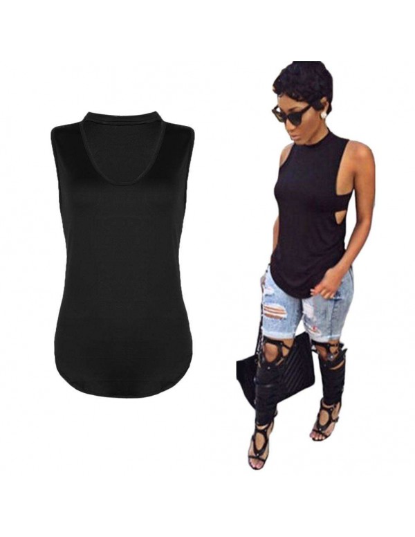 Irregular Sexy Solid New Halter Backless T-shirt Tops(Black M)