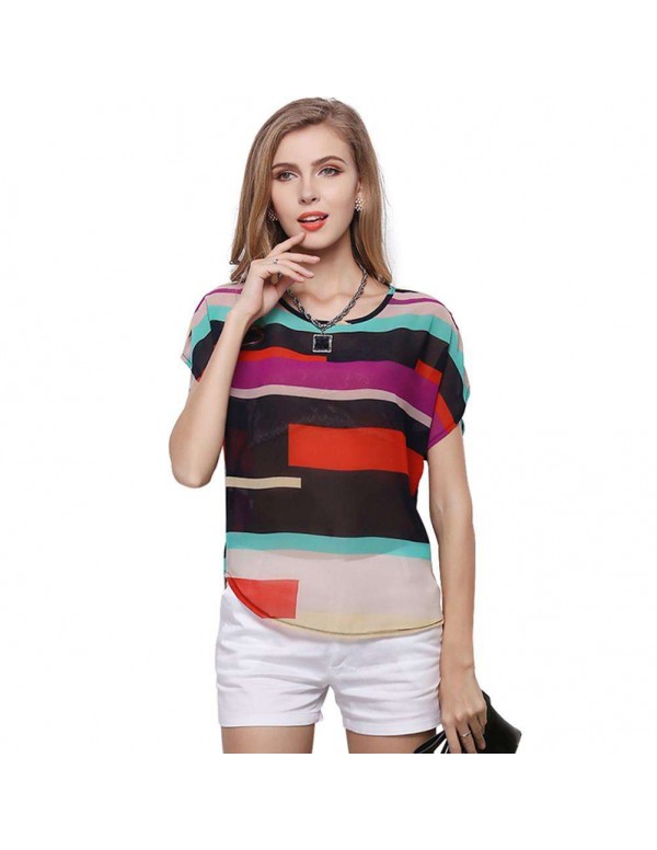 Fashion Chiffon Short Sleeve Stripe Print Casual B...