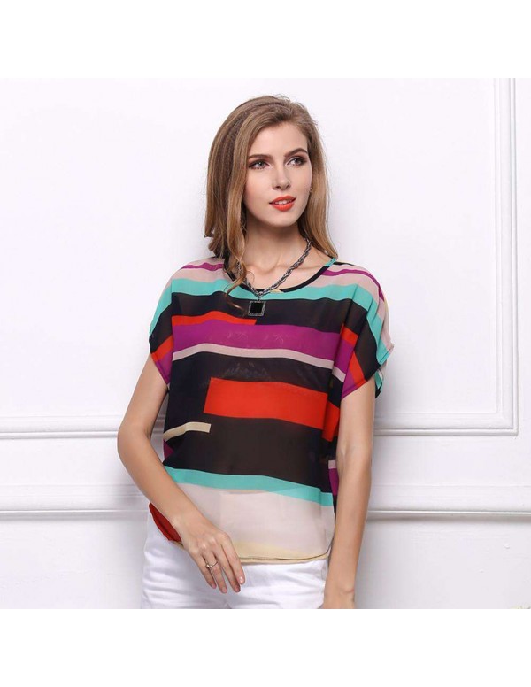 Fashion Chiffon Short Sleeve Stripe Print Casual Blouse Tops(S)