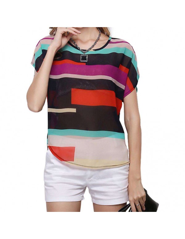 Fashion Chiffon Short Sleeve Stripe Print Casual Blouse Tops(S)