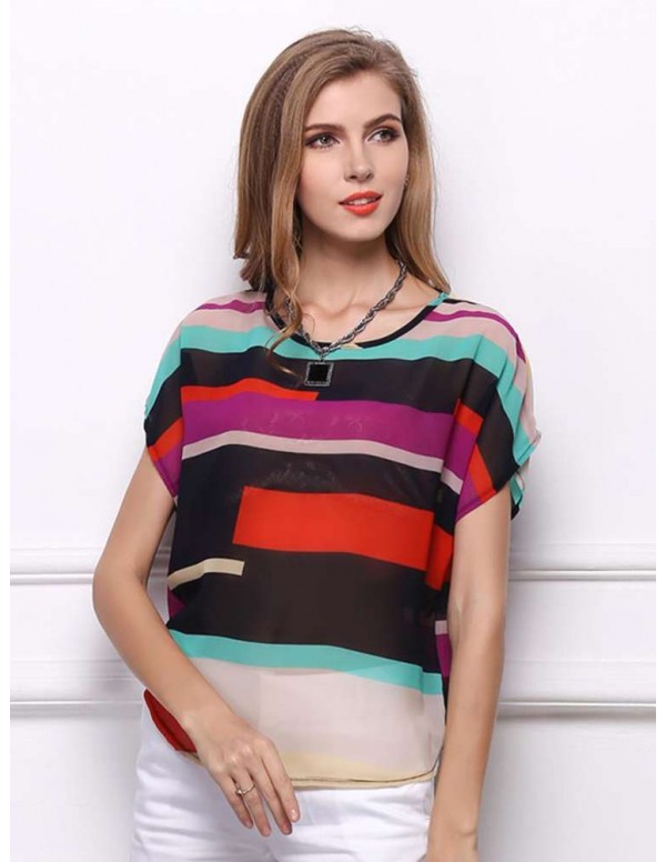 Fashion Chiffon Short Sleeve Stripe Print Casual Blouse Tops(S)