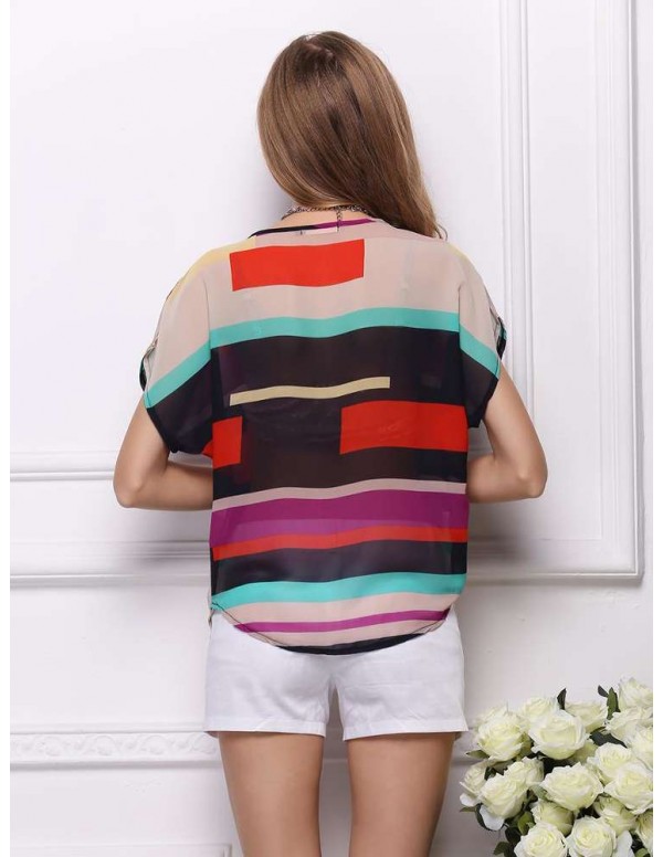 Fashion Chiffon Short Sleeve Stripe Print Casual Blouse Tops(S)