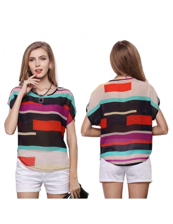 Fashion Chiffon Short Sleeve Stripe Print Casual Blouse Tops(S)