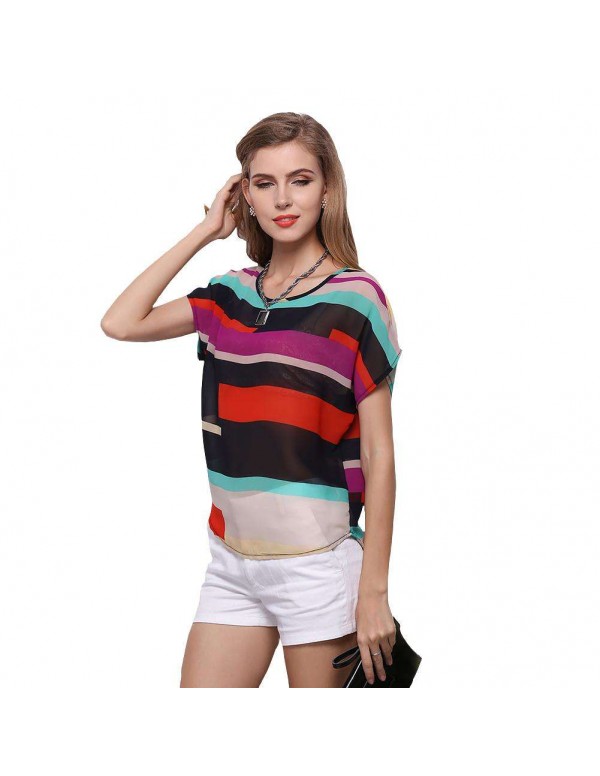 Fashion Chiffon Short Sleeve Stripe Print Casual Blouse Tops(S)