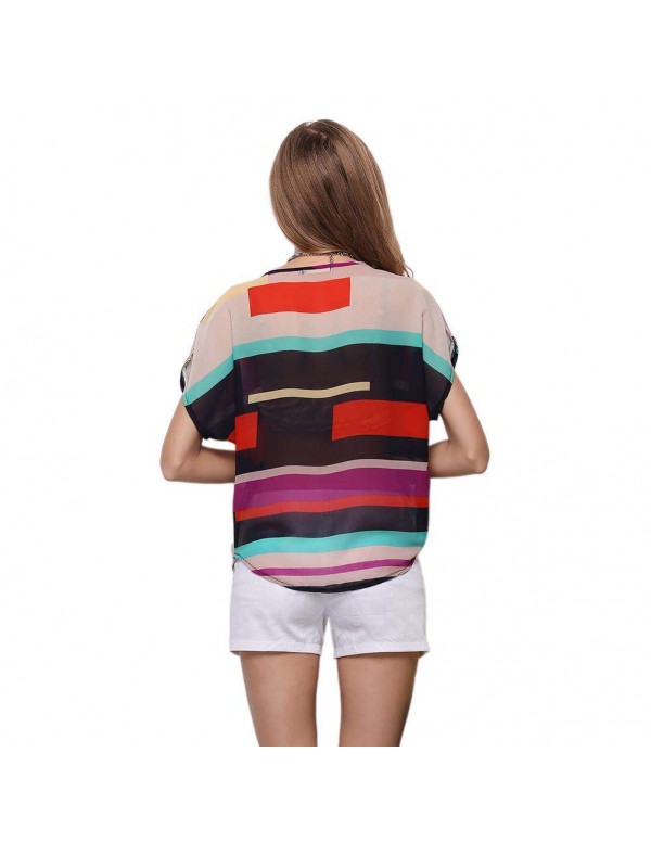 Fashion Chiffon Short Sleeve Stripe Print Casual Blouse Tops(S)