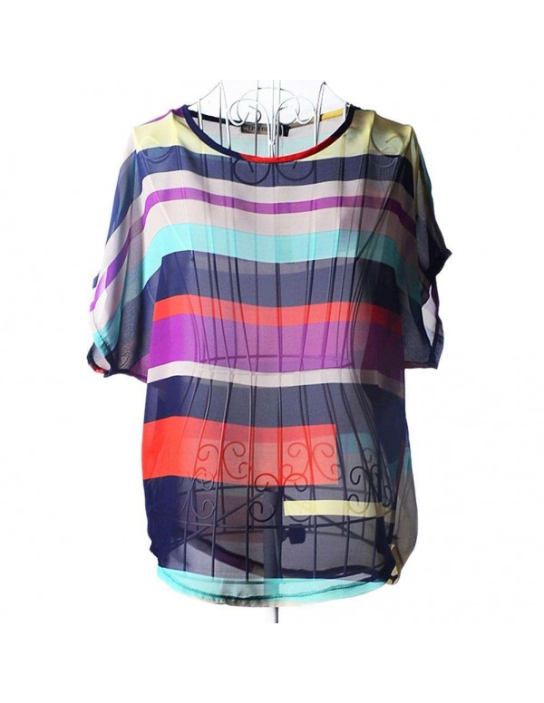 Fashion Chiffon Short Sleeve Stripe Print Casual Blouse Tops(S)