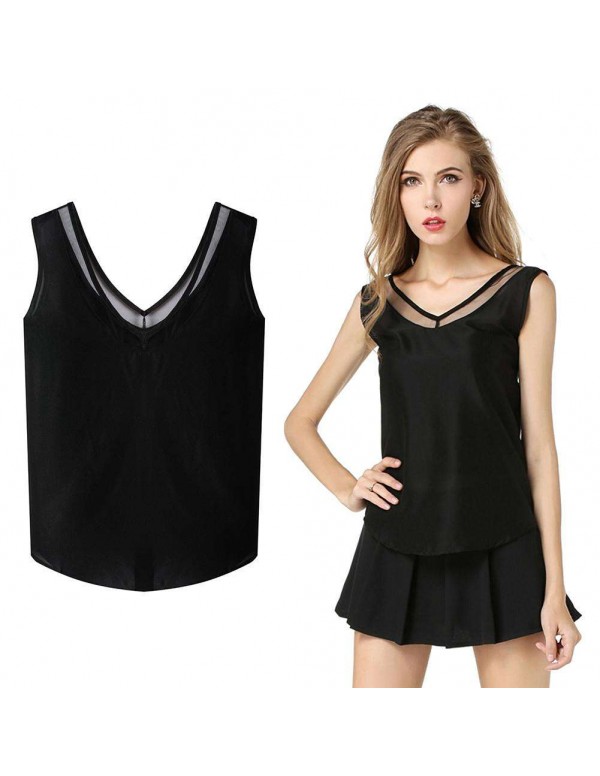 Fashion Chiffon Solid Color Camisole Sexy Backless Tank Tops(Black S)