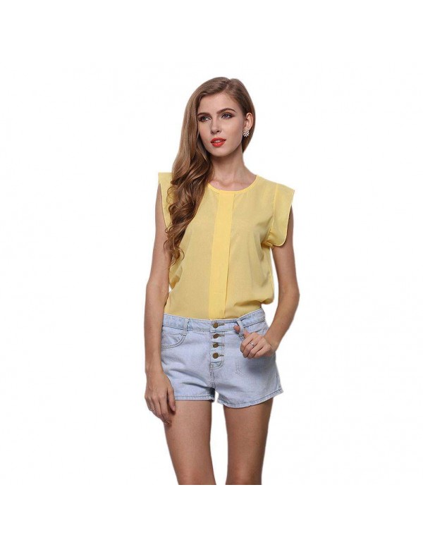 Fashion Chiffon Blouse Fly Sleeve Solid Loose Casual Tops(Yellow M)