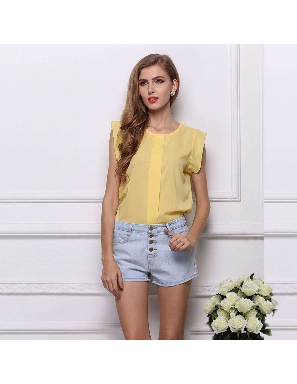 Fashion Chiffon Blouse Fly Sleeve Solid Loose Casual Tops(Yellow M)