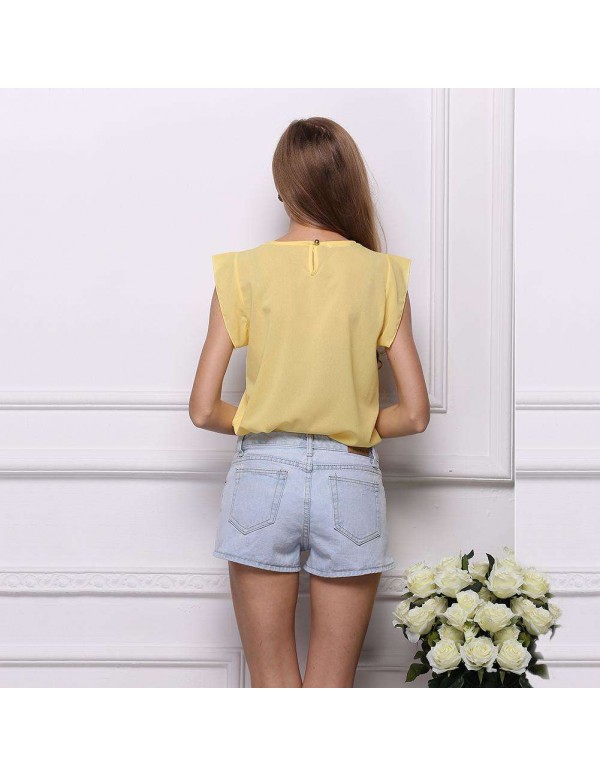 Fashion Chiffon Blouse Fly Sleeve Solid Loose Casual Tops(Yellow M)