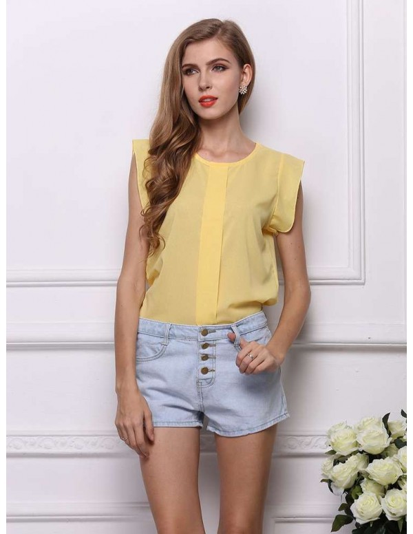 Fashion Chiffon Blouse Fly Sleeve Solid Loose Casual Tops(Yellow M)