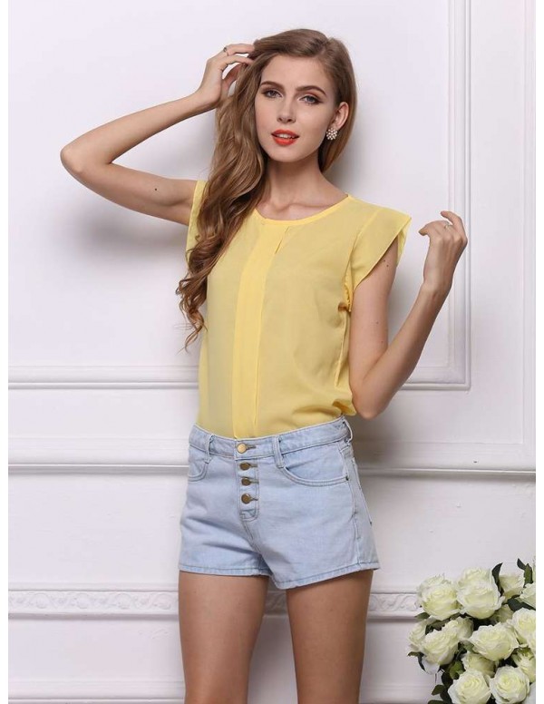 Fashion Chiffon Blouse Fly Sleeve Solid Loose Casual Tops(Yellow M)