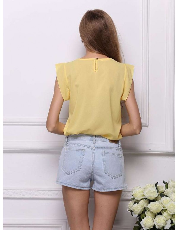 Fashion Chiffon Blouse Fly Sleeve Solid Loose Casual Tops(Yellow M)