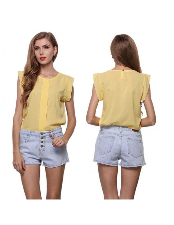 Fashion Chiffon Blouse Fly Sleeve Solid Loose Casual Tops(Yellow M)