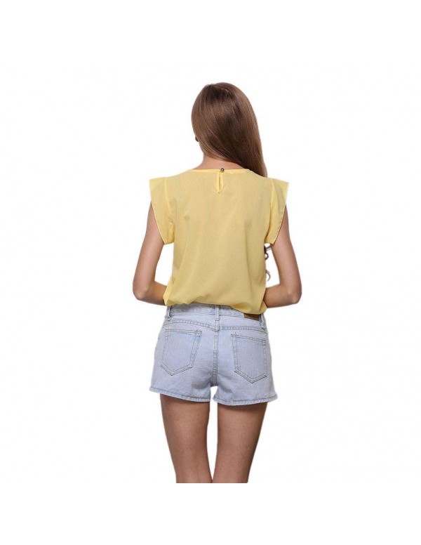 Fashion Chiffon Blouse Fly Sleeve Solid Loose Casual Tops(Yellow M)