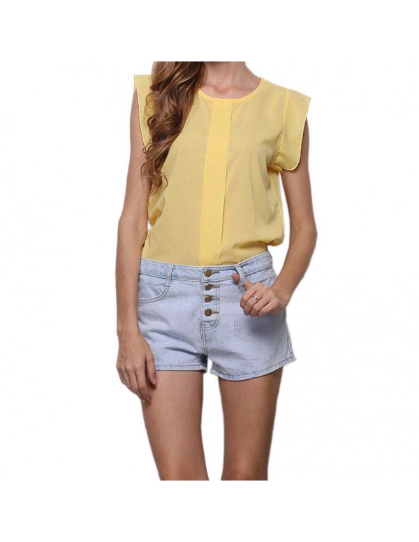 Fashion Chiffon Blouse Fly Sleeve Solid Loose Casual Tops(Yellow M)