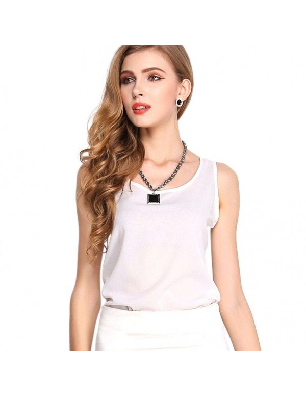 Chiffon Tank Tops Fashion Vest O-Neck Sleeveless T-shirt(White M)