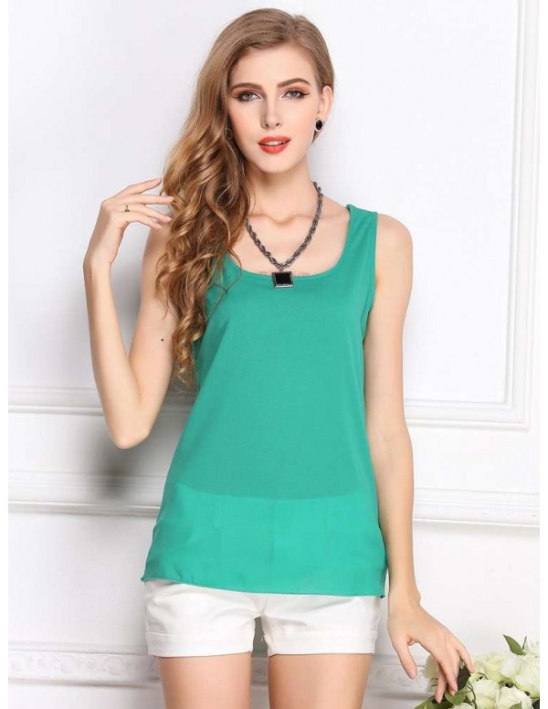 Casual Chiffon Vest Tank Tops Basic Sleeveless T-shirt(Fruit Green S)