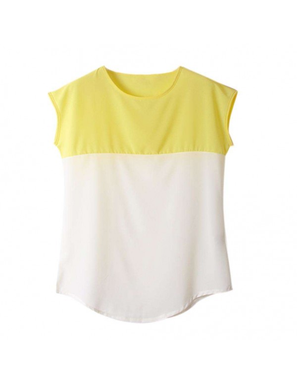 Fashion Short Sleeve Color Splicing T-Shirts Chiffon Tops(Yellow S)