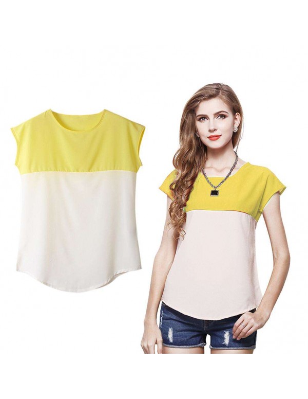 Fashion Short Sleeve Color Splicing T-Shirts Chiffon Tops(Yellow S)