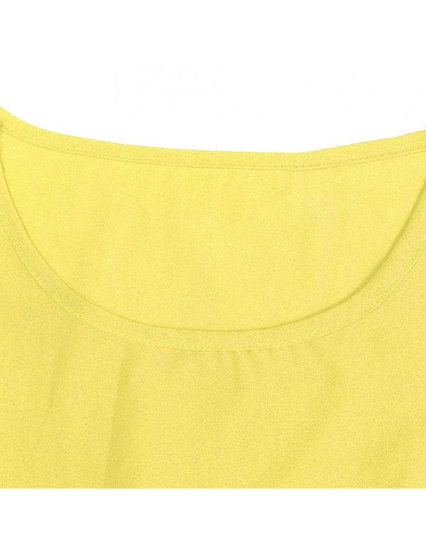 Fashion Short Sleeve Color Splicing T-Shirts Chiffon Tops(Yellow S)